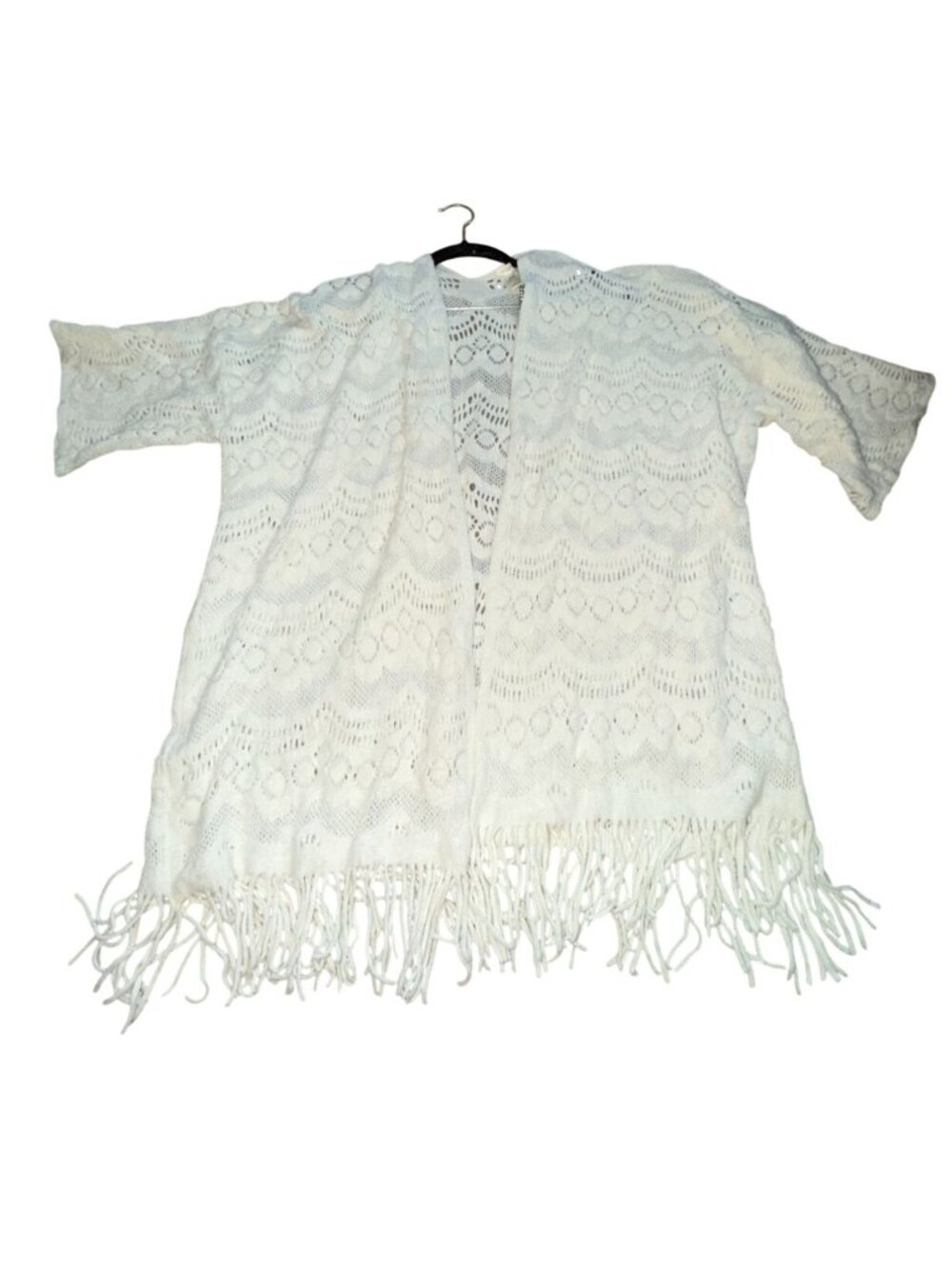 Lildy White Crochet Open Front Cardigan Fringe Boho Knit Sweater-Cream-S/M